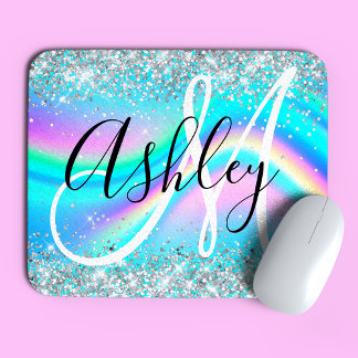 Silver Glitter Rainbow Wave Aqua Ombre Monogram Mouse Mat