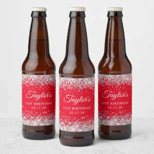 Silver Glitter Red 21st Birthday Beer Bottle Label