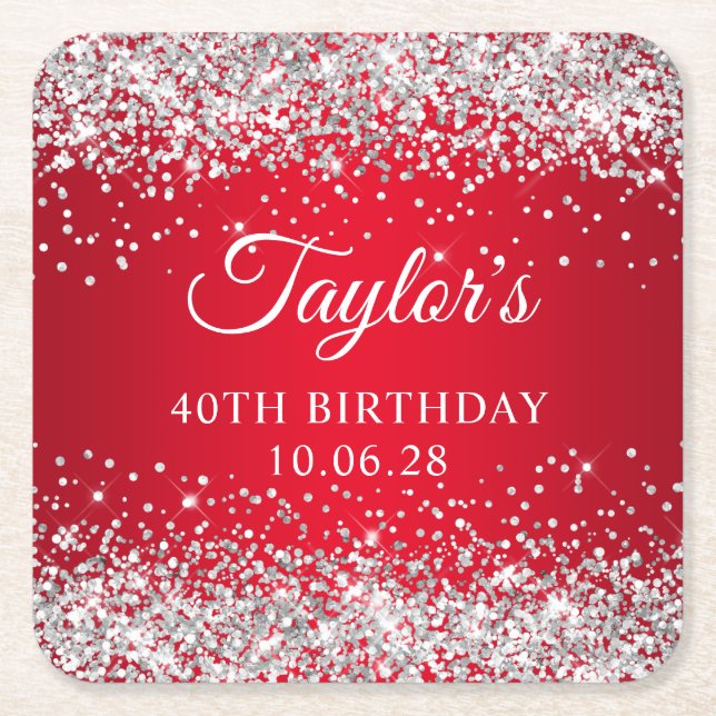 Silver Glitter Red 40th Birthday Square Paper Coaster (Front)