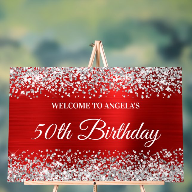 Silver Glitter Red 50th Birthday Welcome Acrylic Sign (Neutral)