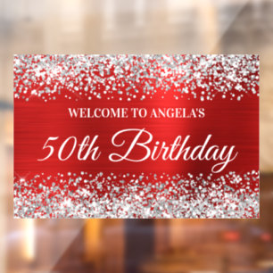 Silver Glitter Red 50th Birthday Welcome Window Cling