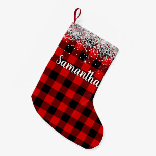 Silver Glitter Red and Black Buffalo Plaid Small Christmas Stocking