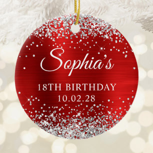 Silver Glitter Red Faux Foil 18th Birthday Photo Ceramic Tree Decoration