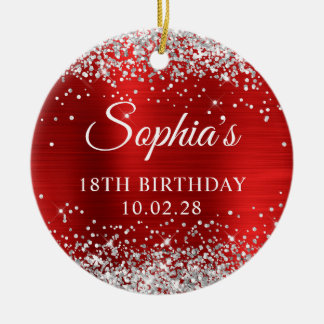 Silver Glitter Red Faux Foil 18th Birthday Photo Ceramic Tree Decoration