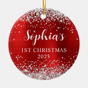 Silver Glitter Red Faux Foil 1st Christmas Photo Ceramic Tree Decoration