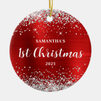 Silver Glitter Red Foil 1st Christmas Ceramic Tree Decoration