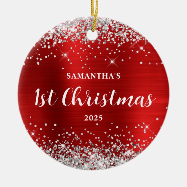 Silver Glitter Red Foil 1st Christmas Ceramic Tree Decoration (Front)