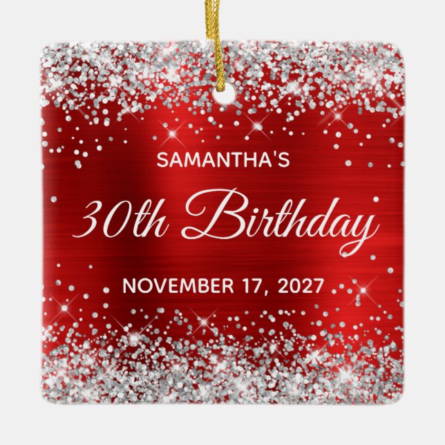 Silver Glitter Red Foil 30th Birthday Ceramic Ornament (Front)