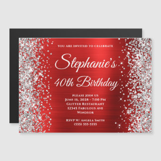 Silver Glitter Red Foil 40th Birthday Magnetic Invitation