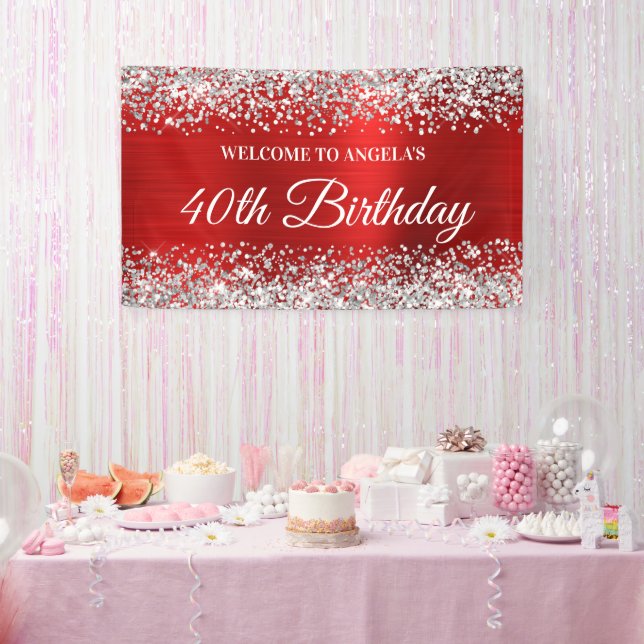 Silver Glitter Red Foil 40th Birthday Welcome Banner (Party)