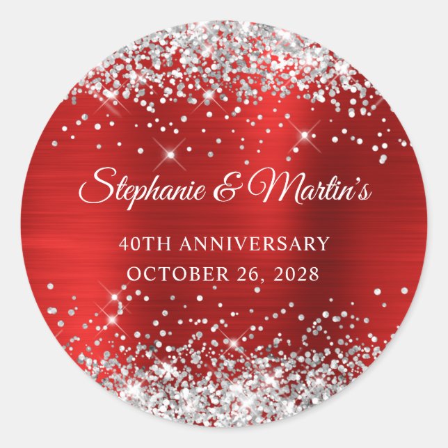 Silver Glitter Red Foil 40th Wedding Anniversary Classic Round Sticker (Front)