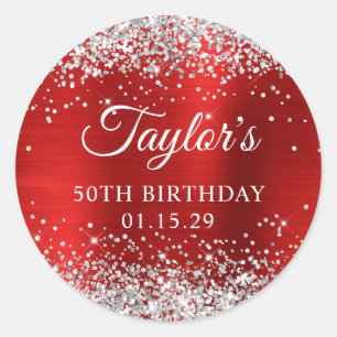 Silver Glitter Red Foil 50th Birthday Classic Round Sticker
