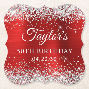 Silver Glitter Red Foil 50th Birthday Paper Coaster