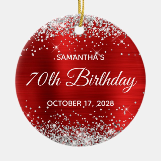 Silver Glitter Red Foil 70th Birthday Ceramic Tree Decoration (Front)