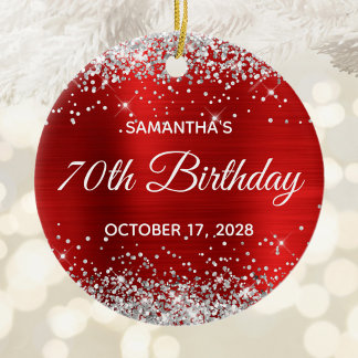 Silver Glitter Red Foil 70th Birthday Ceramic Tree Decoration