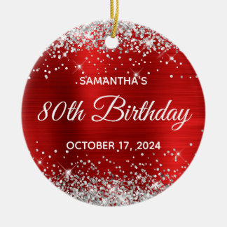 Silver Glitter Red Foil 80th Birthday Ceramic Tree Decoration