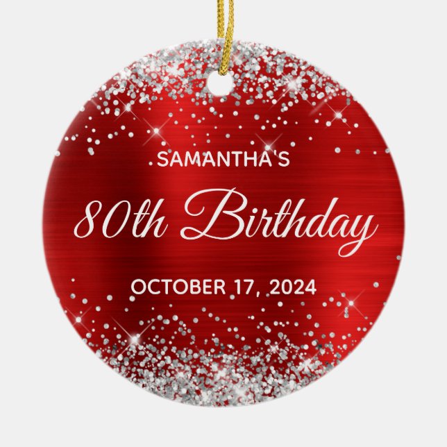 Silver Glitter Red Foil 80th Birthday Ceramic Tree Decoration (Front)