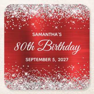 Silver Glitter Red Foil 80th Birthday Square Paper Coaster