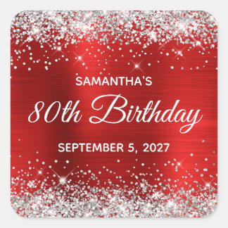 Silver Glitter Red Foil 80th Birthday Square Sticker