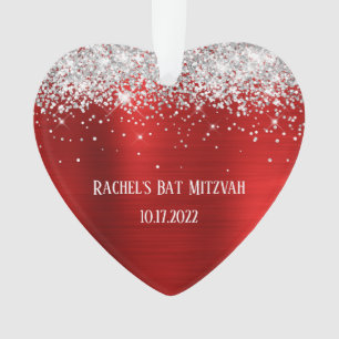 Silver Glitter Red Foil Bat Mitzvah Heart Ornament