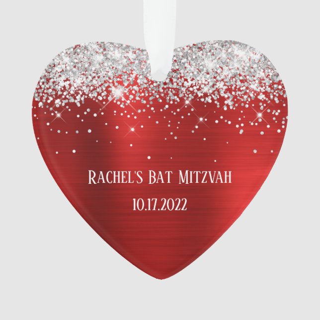 Silver Glitter Red Foil Bat Mitzvah Heart Ornament (Front)