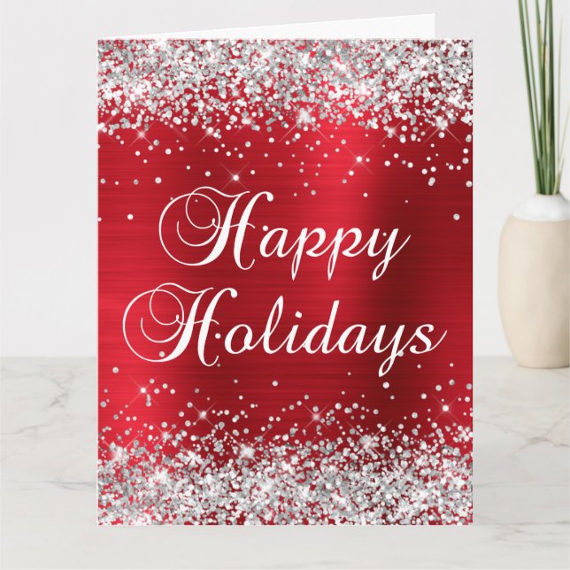 Silver Glitter Red Foil Big Happy Holidays Card (Front)