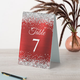Silver Glitter Red Foil Elegant Table Number