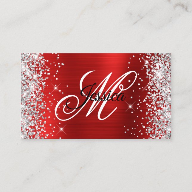 Silver Glitter Red Foil Fancy Monogram Business Card (Front)