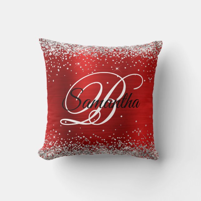 Silver Glitter Red Foil Fancy Monogram Cushion (Front)