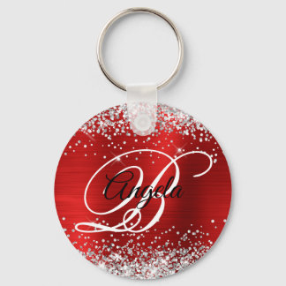 Silver Glitter Red Foil Fancy Monogram Key Ring