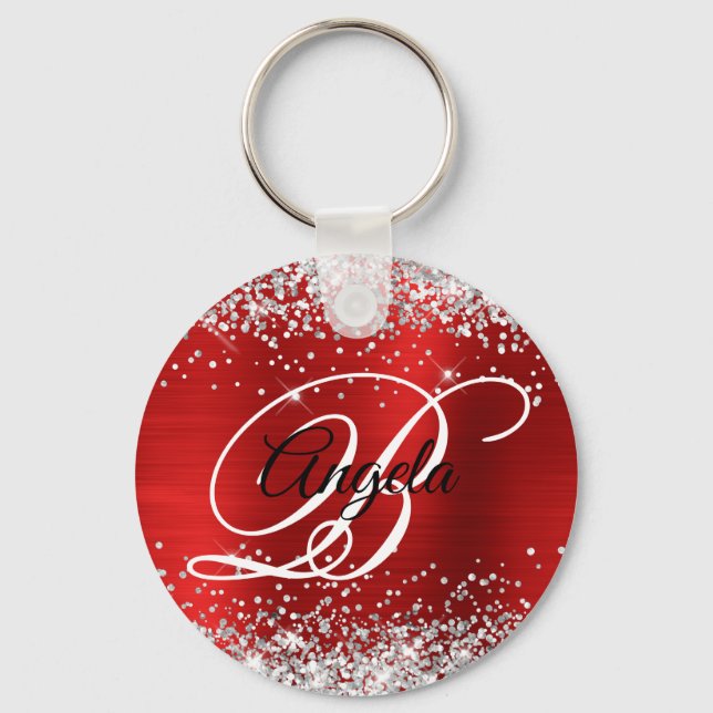 Silver Glitter Red Foil Fancy Monogram Key Ring (Front)