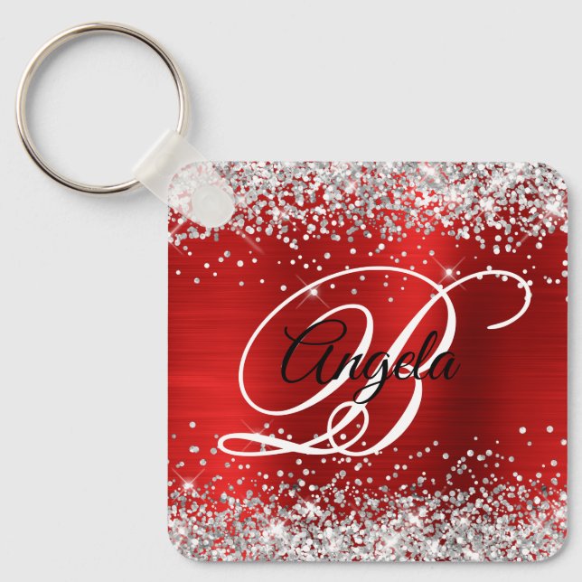 Silver Glitter Red Foil Fancy Monogram Key Ring (Front)