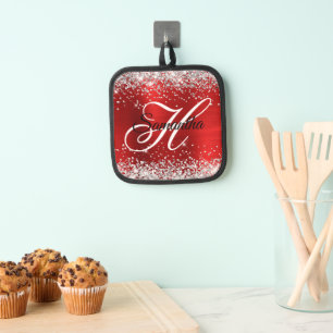 Silver Glitter Red Foil Fancy Monogram Pot Holder