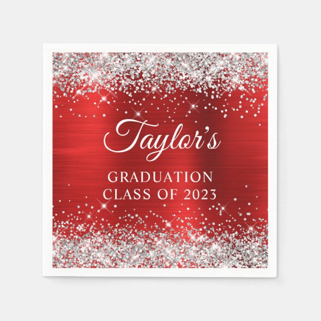 Silver Glitter Red Foil Graduation Napkin (Front)