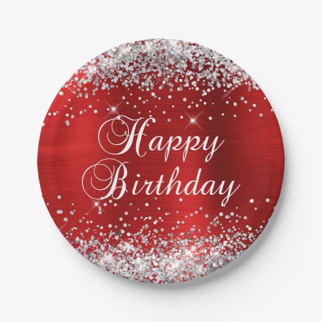 Silver Glitter Red Foil Happy Birthday Paper Plate (Front)