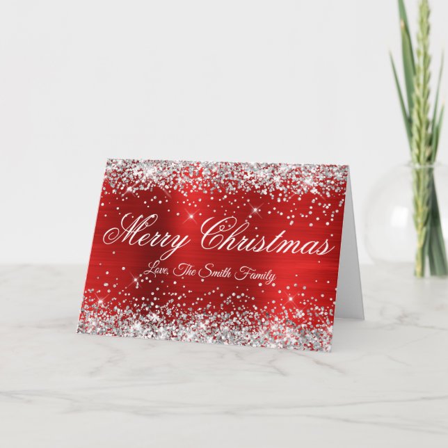 Silver Glitter Red Foil Merry Christmas Card (Front)