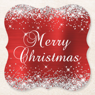 Silver Glitter Red Foil Merry Christmas Paper Coaster