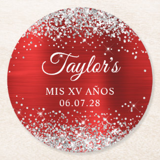 Silver Glitter Red Foil Mis XV Anos Birthday Round Paper Coaster