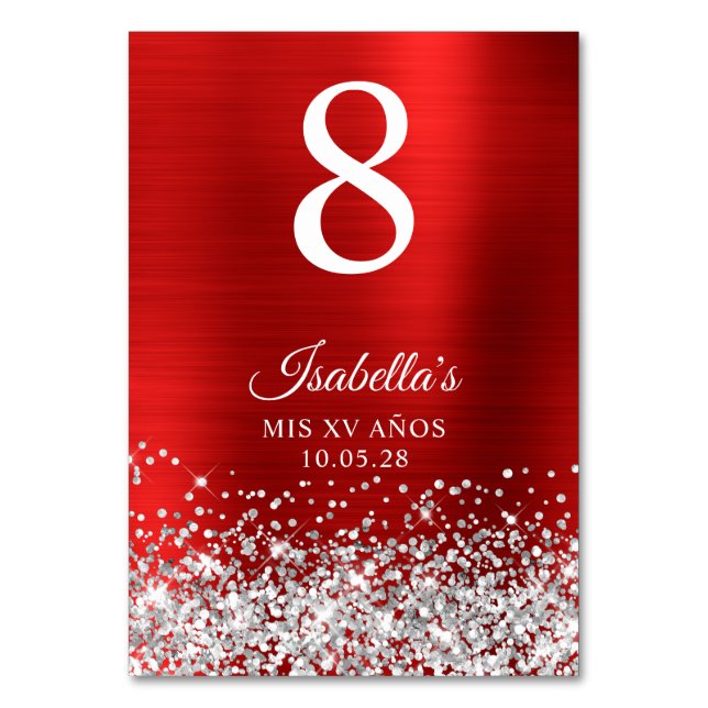 Silver Glitter Red Foil Mis XV Anos Table Number (Front)