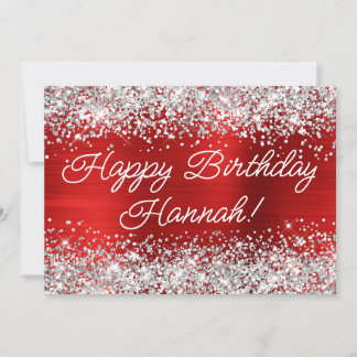 Silver Glitter Red Foil Modern Happy Birthday Card