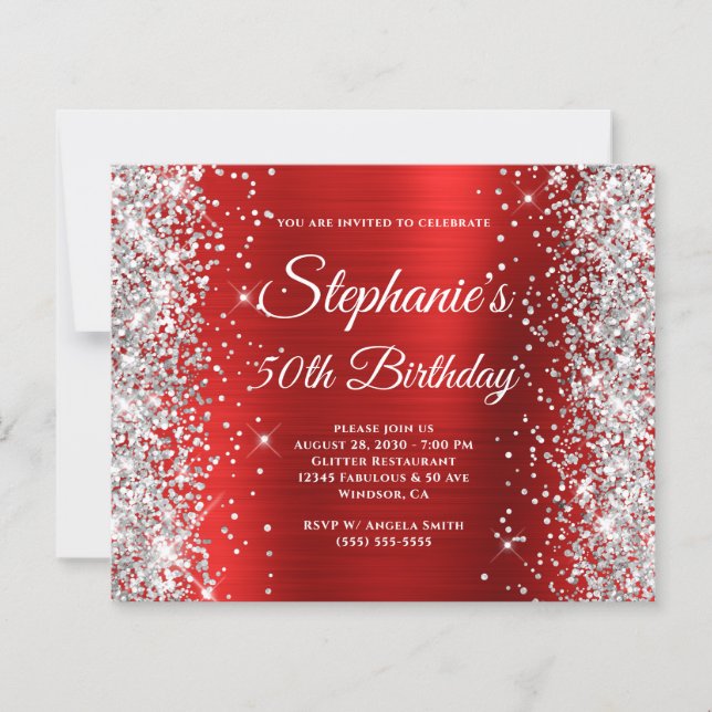 Silver Glitter Red Foil Monogram 50th Birthday (Front)