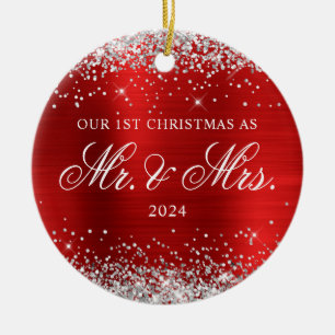 Silver Glitter Red Foil Our 1st Christmas Photo Ceramic Tree Decoration