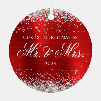Silver Glitter Red Foil Our 1st Christmas Photo Metal Tree Decoration