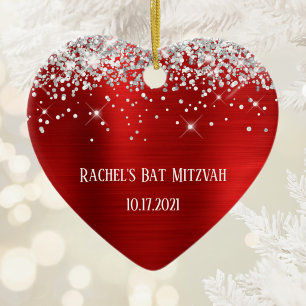 Silver Glitter Red Foil Personalised Bat Mitzvah Ceramic Tree Decoration