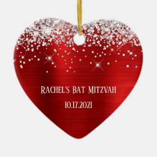 Silver Glitter Red Foil Personalised Bat Mitzvah Ceramic Tree Decoration