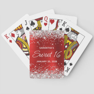 Silver Glitter Red Foil Sweet 16 Favour Playing Cards