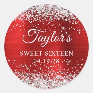 Silver Glitter Red Foil Sweet Sixteen Classic Round Sticker