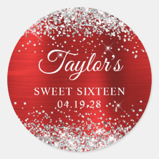 Silver Glitter Red Foil Sweet Sixteen Classic Round Sticker
