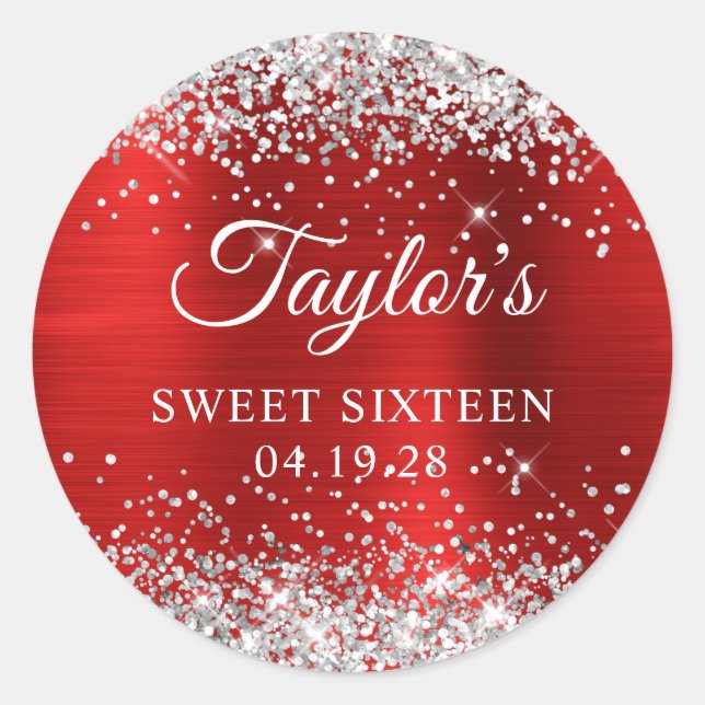 Silver Glitter Red Foil Sweet Sixteen Classic Round Sticker (Front)