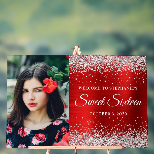 Silver Glitter Red Foil Sweet Sixteen Welcome Big Acrylic Sign (Neutral)